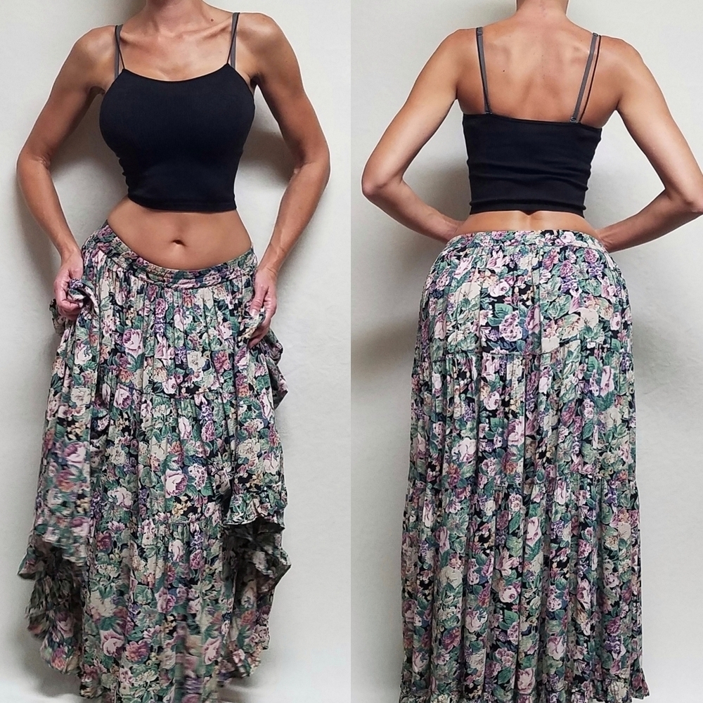 Rare Vintage Star of India Purple Floral Tiered Ruffle Elastic Waist Maxi Skirt